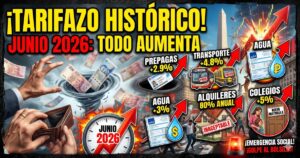 Billetera vacía y billetes volando en medio del caos por los aumentos de junio 2026. Ilustración del tarifazo histórico en prepagas, transporte público, alquileres y agua que genera emergencia social.