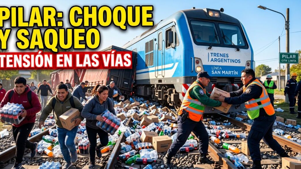 Tren de la Línea San Martín choca contra un camión en Pilar mientras vecinos saquean la carga de bebidas esparcida en las vías.