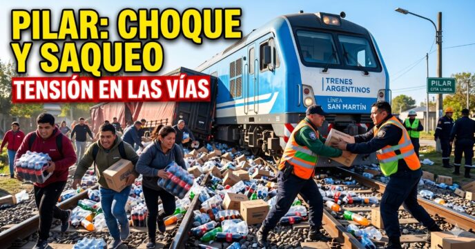 Tren de la Línea San Martín choca contra un camión en Pilar mientras vecinos saquean la carga de bebidas esparcida en las vías.