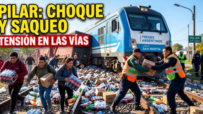 Tren de la Línea San Martín choca contra un camión en Pilar mientras vecinos saquean la carga de bebidas esparcida en las vías.