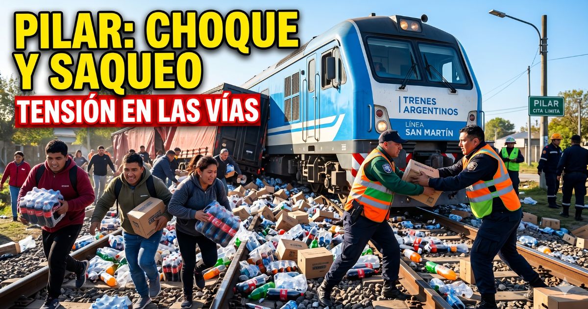 Tren de la Línea San Martín choca contra un camión en Pilar mientras vecinos saquean la carga de bebidas esparcida en las vías.