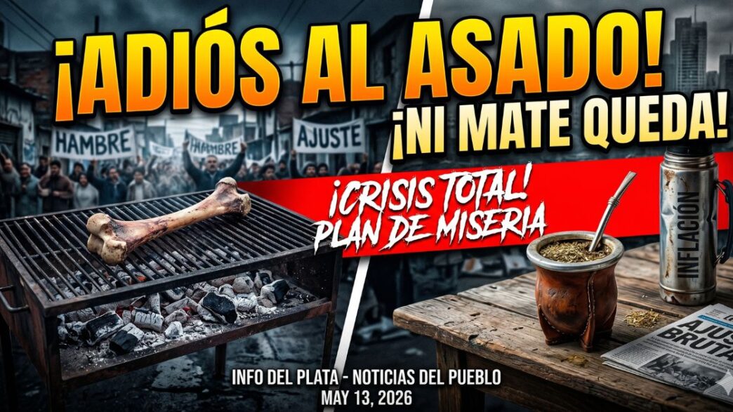 Parrilla con un solo hueso y mate vacío, símbolo de la crisis, el hambre y la brutal caída del consumo de carne y yerba bajo el gobierno de Milei.