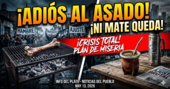 Parrilla con un solo hueso y mate vacío, símbolo de la crisis, el hambre y la brutal caída del consumo de carne y yerba bajo el gobierno de Milei.