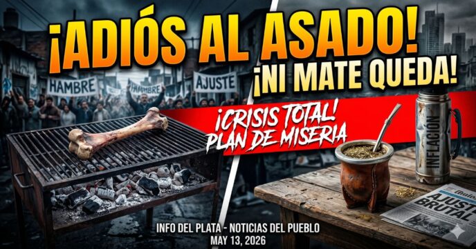Parrilla con un solo hueso y mate vacío, símbolo de la crisis, el hambre y la brutal caída del consumo de carne y yerba bajo el gobierno de Milei.