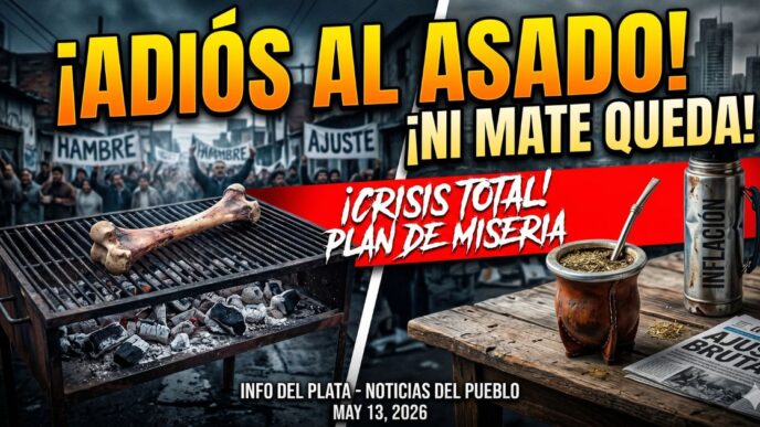 Parrilla con un solo hueso y mate vacío, símbolo de la crisis, el hambre y la brutal caída del consumo de carne y yerba bajo el gobierno de Milei.