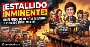 Caricatura dramática de la crisis en el gobierno de Javier Milei, con el gabinete fingiendo demencia ante el hambre y la miseria del pueblo en una bomba de tiempo.