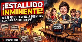 Caricatura dramática de la crisis en el gobierno de Javier Milei, con el gabinete fingiendo demencia ante el hambre y la miseria del pueblo en una bomba de tiempo.