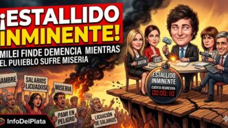 Caricatura dramática de la crisis en el gobierno de Javier Milei, con el gabinete fingiendo demencia ante el hambre y la miseria del pueblo en una bomba de tiempo.