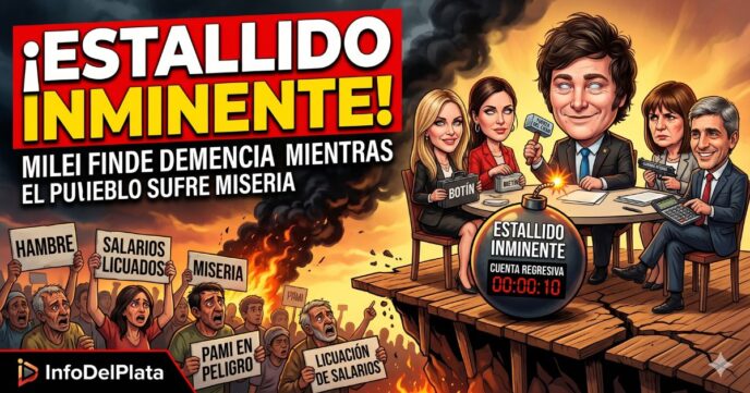Caricatura dramática de la crisis en el gobierno de Javier Milei, con el gabinete fingiendo demencia ante el hambre y la miseria del pueblo en una bomba de tiempo.