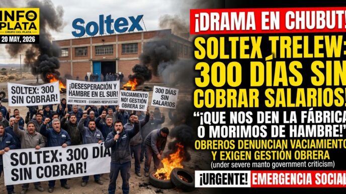 Trabajadores de la fábrica textil Soltex en Trelew quemando neumáticos en protesta por vaciamiento patronal y 300 días sin cobrar salarios por el ajuste del Gobierno.