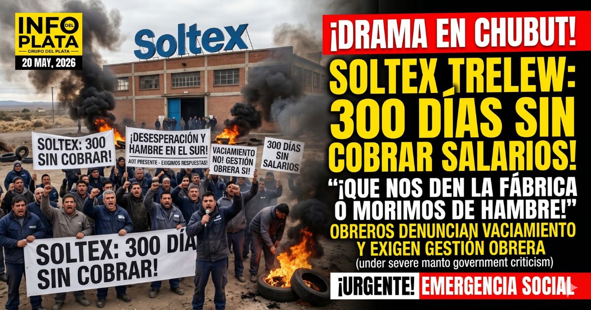 Trabajadores de la fábrica textil Soltex en Trelew quemando neumáticos en protesta por vaciamiento patronal y 300 días sin cobrar salarios por el ajuste del Gobierno.