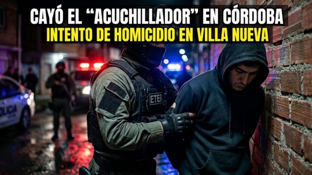 Operativo policial del Grupo ETER deteniendo a joven sospechoso por brutal intento de homicidio con arma blanca en Villa Nueva, Córdoba.
