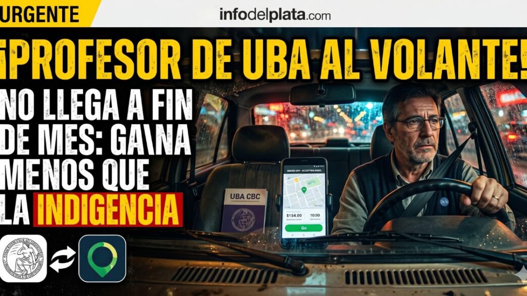 Docente de la UBA trabajando como chofer de Uber. Denuncia el ajuste brutal de Javier Milei a las universidades públicas y los salarios de indigencia. Profesor al volante por la crisis económica.