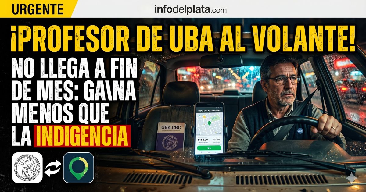Docente de la UBA trabajando como chofer de Uber. Denuncia el ajuste brutal de Javier Milei a las universidades públicas y los salarios de indigencia. Profesor al volante por la crisis económica.