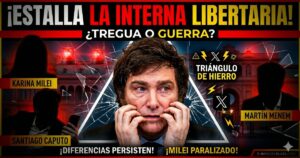 Miniatura dramática de noticia sobre Javier Milei en Casa Rosada, ilustrando la feroz interna en el gobierno de La Libertad Avanza entre Santiago Caputo y Martín Menem, mientras el Presidente duda en tomar una decisión.