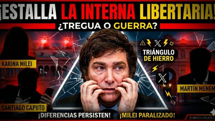 Miniatura dramática de noticia sobre Javier Milei en Casa Rosada, ilustrando la feroz interna en el gobierno de La Libertad Avanza entre Santiago Caputo y Martín Menem, mientras el Presidente duda en tomar una decisión.