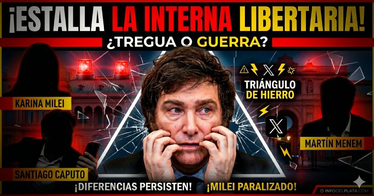 Miniatura dramática de noticia sobre Javier Milei en Casa Rosada, ilustrando la feroz interna en el gobierno de La Libertad Avanza entre Santiago Caputo y Martín Menem, mientras el Presidente duda en tomar una decisión.