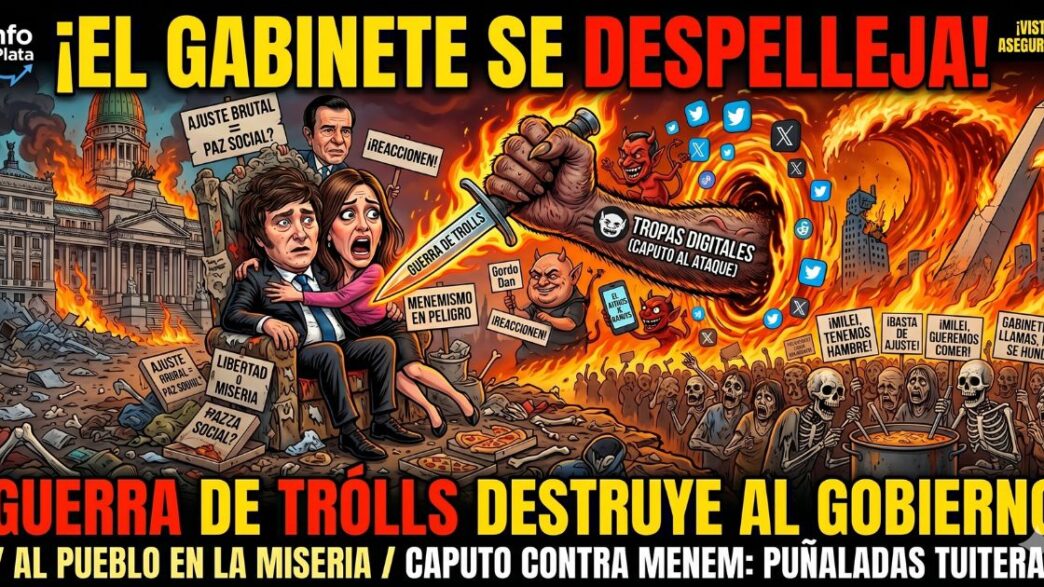 Caricatura sensacionalista de noticias: una garra de diablo gigante etiquetada 'TROPAS DIGITALES (CAPUTO AL ATAQUE)' emerge de un vórtice de fuego y apuñala por la espalda a Javier Milei y Karina Milei, quienes están aterrorizados en un trono de basura y cajas de pizza frente al Congreso en llamas. Miles de personas esqueléticas y sufridas del pueblo con pancartas pidiendo comida llenan el primer plano. Un gran cartel en primer plano dice: '¡EL GABINETE SE DESPELLEJA! GUERRA DE TROLLS DESTRUYE AL GOBIERNO'.