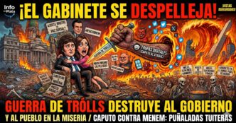 Caricatura sensacionalista de noticias: una garra de diablo gigante etiquetada 'TROPAS DIGITALES (CAPUTO AL ATAQUE)' emerge de un vórtice de fuego y apuñala por la espalda a Javier Milei y Karina Milei, quienes están aterrorizados en un trono de basura y cajas de pizza frente al Congreso en llamas. Miles de personas esqueléticas y sufridas del pueblo con pancartas pidiendo comida llenan el primer plano. Un gran cartel en primer plano dice: '¡EL GABINETE SE DESPELLEJA! GUERRA DE TROLLS DESTRUYE AL GOBIERNO'.