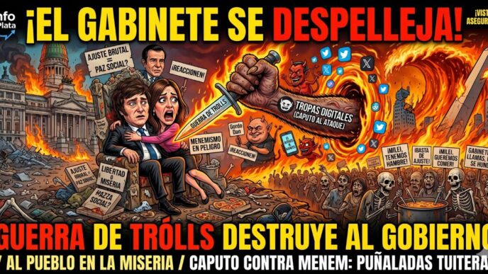 Caricatura sensacionalista de noticias: una garra de diablo gigante etiquetada 'TROPAS DIGITALES (CAPUTO AL ATAQUE)' emerge de un vórtice de fuego y apuñala por la espalda a Javier Milei y Karina Milei, quienes están aterrorizados en un trono de basura y cajas de pizza frente al Congreso en llamas. Miles de personas esqueléticas y sufridas del pueblo con pancartas pidiendo comida llenan el primer plano. Un gran cartel en primer plano dice: '¡EL GABINETE SE DESPELLEJA! GUERRA DE TROLLS DESTRUYE AL GOBIERNO'.