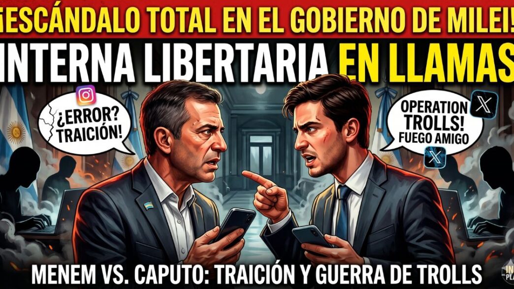 Dramática ilustración de miniatura de YouTube estilo Infobae que muestra un enfrentamiento cara a cara entre Martín Menem y Santiago Caputo en el Congreso Argentino. Menem está a la izquierda con un teléfono y una burbuja de diálogo "¿ERROR? TRAICIÓN!". Caputo está a la derecha, señalando acusadoramente, con una burbuja "OPERATION TROLLS! FUEGO AMIGO". Arriba, un titular grande, sensacionalista y en llamas: "¡ESCÁNDALO TOTAL EN EL GOBIERNO DE MILEI! INTERNA LIBERTARIA EN LLAMAS". Al fondo, siluetas oscuras de trolls trabajando en computadoras en un pasillo oscuro. El estilo es de pintura digital vibrante y dramática.