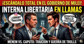 Dramática ilustración de miniatura de YouTube estilo Infobae que muestra un enfrentamiento cara a cara entre Martín Menem y Santiago Caputo en el Congreso Argentino. Menem está a la izquierda con un teléfono y una burbuja de diálogo "¿ERROR? TRAICIÓN!". Caputo está a la derecha, señalando acusadoramente, con una burbuja "OPERATION TROLLS! FUEGO AMIGO". Arriba, un titular grande, sensacionalista y en llamas: "¡ESCÁNDALO TOTAL EN EL GOBIERNO DE MILEI! INTERNA LIBERTARIA EN LLAMAS". Al fondo, siluetas oscuras de trolls trabajando en computadoras en un pasillo oscuro. El estilo es de pintura digital vibrante y dramática.