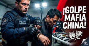 Operativo policial contra la mafia china: oficial esposando a un extorsionador frente a un arsenal de armas de fuego incautadas.