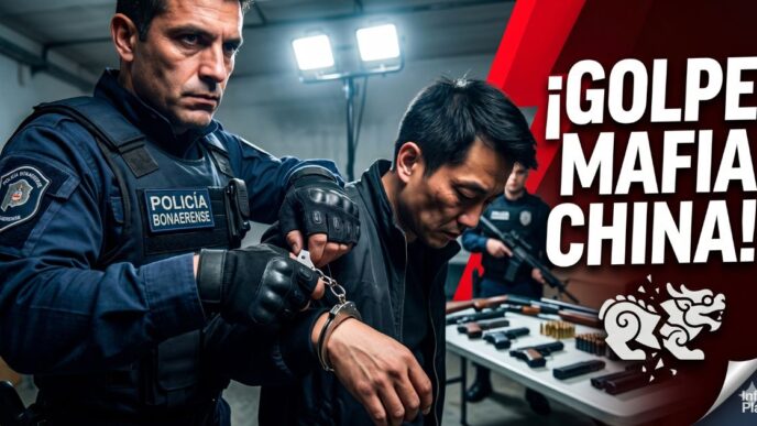 Operativo policial contra la mafia china: oficial esposando a un extorsionador frente a un arsenal de armas de fuego incautadas.