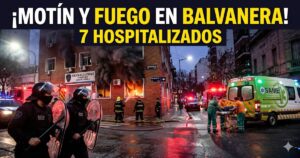 Imagen miniatura impactante que muestra el caos en la Comisaría de la Ciudad en Balvanera tras el intento de motín: humo denso saliendo de las ventanas, bomberos combatiendo el fuego, policías tácticos de la DUTIA y una ambulancia del SAME asistiendo heridos. Un titular superpuesto dice: ¡MOTÍN Y FUEGO EN BALVANERA! 7 HOSPITALIZADOS.