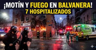 Imagen miniatura impactante que muestra el caos en la Comisaría de la Ciudad en Balvanera tras el intento de motín: humo denso saliendo de las ventanas, bomberos combatiendo el fuego, policías tácticos de la DUTIA y una ambulancia del SAME asistiendo heridos. Un titular superpuesto dice: ¡MOTÍN Y FUEGO EN BALVANERA! 7 HOSPITALIZADOS.