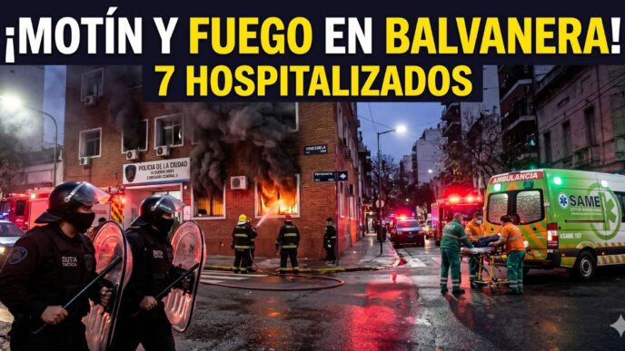 Imagen miniatura impactante que muestra el caos en la Comisaría de la Ciudad en Balvanera tras el intento de motín: humo denso saliendo de las ventanas, bomberos combatiendo el fuego, policías tácticos de la DUTIA y una ambulancia del SAME asistiendo heridos. Un titular superpuesto dice: ¡MOTÍN Y FUEGO EN BALVANERA! 7 HOSPITALIZADOS.