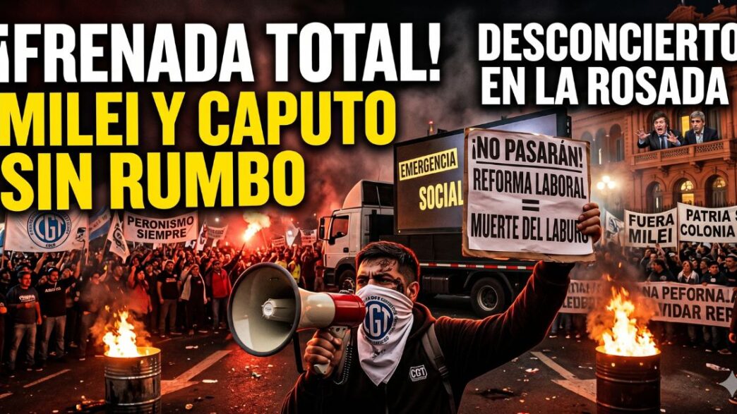 Rebelión popular de noche frente a la Rosada: un laburante con megáfono y carteles de "¡NO PASARÁN! MUERTE DEL LABURO" lidera la protesta. Detrás, la multitud con banderas peronistas y de la CGT asusta a Milei y Caputo en el balcón. Texto viral en amarillo: "¿FRENADA TOTAL? MILEI Y CAPUTO SIN RUMBO".