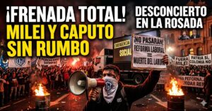 Rebelión popular de noche frente a la Rosada: un laburante con megáfono y carteles de "¡NO PASARÁN! MUERTE DEL LABURO" lidera la protesta. Detrás, la multitud con banderas peronistas y de la CGT asusta a Milei y Caputo en el balcón. Texto viral en amarillo: "¿FRENADA TOTAL? MILEI Y CAPUTO SIN RUMBO".