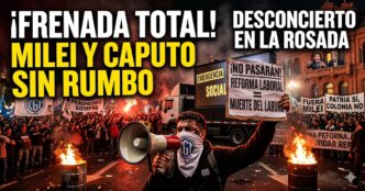 Rebelión popular de noche frente a la Rosada: un laburante con megáfono y carteles de "¡NO PASARÁN! MUERTE DEL LABURO" lidera la protesta. Detrás, la multitud con banderas peronistas y de la CGT asusta a Milei y Caputo en el balcón. Texto viral en amarillo: "¿FRENADA TOTAL? MILEI Y CAPUTO SIN RUMBO".