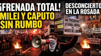 Rebelión popular de noche frente a la Rosada: un laburante con megáfono y carteles de "¡NO PASARÁN! MUERTE DEL LABURO" lidera la protesta. Detrás, la multitud con banderas peronistas y de la CGT asusta a Milei y Caputo en el balcón. Texto viral en amarillo: "¿FRENADA TOTAL? MILEI Y CAPUTO SIN RUMBO".