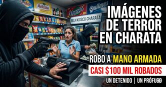 Captura de cámara de seguridad del violento robo en Charata donde un delincuente armado apunta a la empleada del kiosco.
