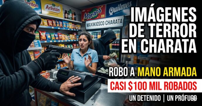 Captura de cámara de seguridad del violento robo en Charata donde un delincuente armado apunta a la empleada del kiosco.