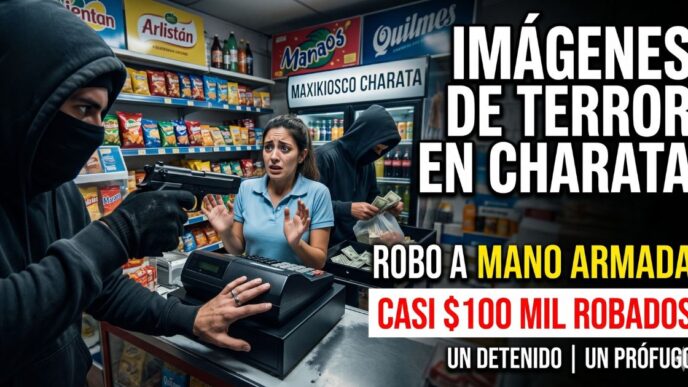 Captura de cámara de seguridad del violento robo en Charata donde un delincuente armado apunta a la empleada del kiosco.