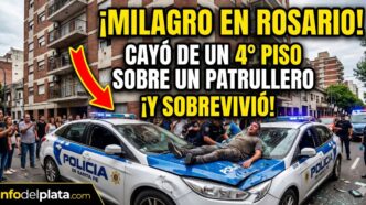Hombre sobrevive de milagro tras caer de un cuarto piso y estrellarse contra el capot de un patrullero de la Policía de Santa Fe en pleno centro de Rosario.