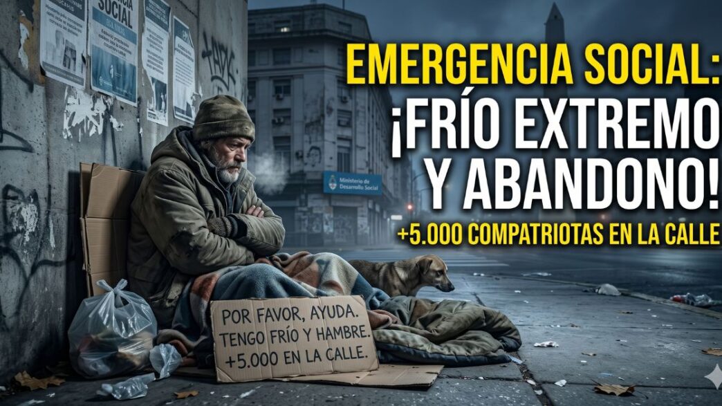 Hombre mayor en situación de calle en Buenos Aires sufriendo el frío extremo junto a su perro. Consecuencias del ajuste y la crisis habitacional: emergencia social con más de 5000 personas sin techo.