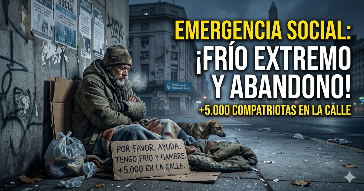 Hombre mayor en situación de calle en Buenos Aires sufriendo el frío extremo junto a su perro. Consecuencias del ajuste y la crisis habitacional: emergencia social con más de 5000 personas sin techo.