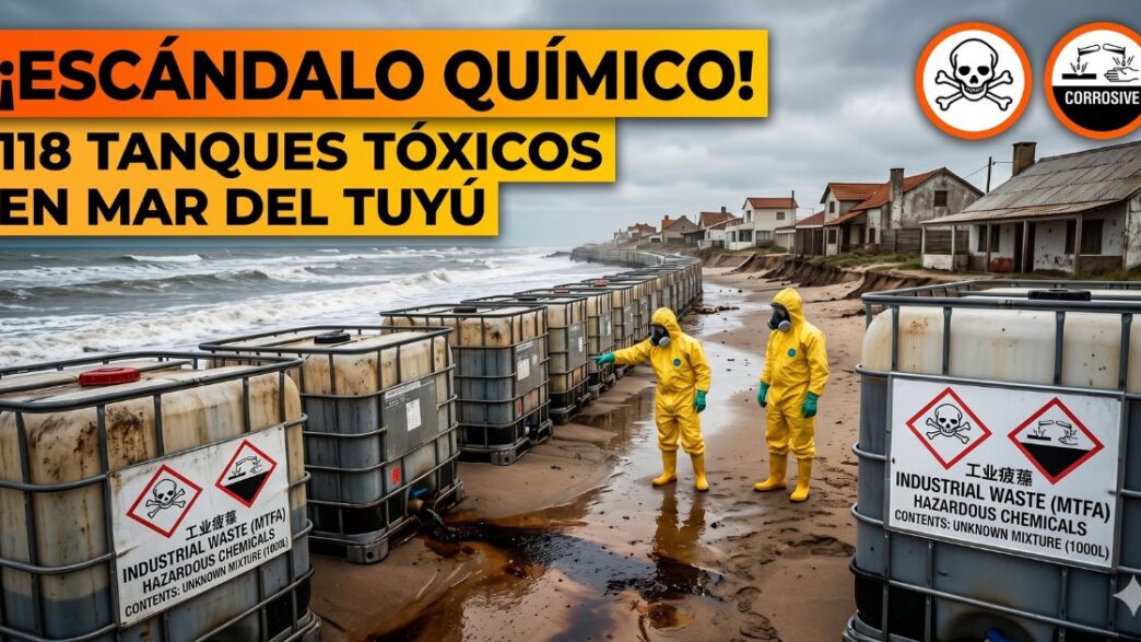 Personal de Defensa Civil con trajes anticontaminación revisando 118 tanques de químicos tóxicos derramando líquidos peligrosos en la playa de Mar del Tuyú.
