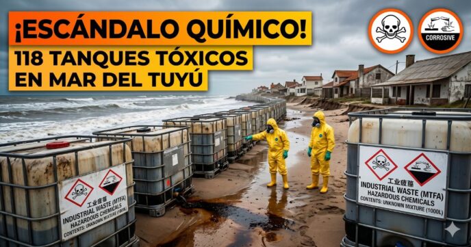 Personal de Defensa Civil con trajes anticontaminación revisando 118 tanques de químicos tóxicos derramando líquidos peligrosos en la playa de Mar del Tuyú.
