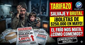 Padre desesperado con su hijo llorando frente a boletas de luz y gas impagables por el brutal tarifazo en el AMBA y el ajuste de Milei.