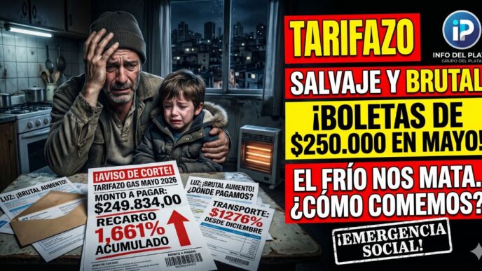 Padre desesperado con su hijo llorando frente a boletas de luz y gas impagables por el brutal tarifazo en el AMBA y el ajuste de Milei.
