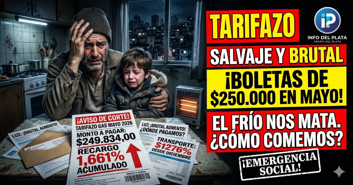 Padre desesperado con su hijo llorando frente a boletas de luz y gas impagables por el brutal tarifazo en el AMBA y el ajuste de Milei.