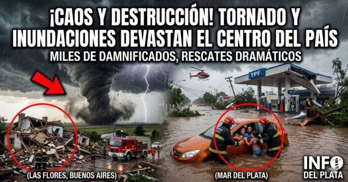 Temporal en Argentina: tornado arrasa una casa en Las Flores y bomberos rescatan a una familia de un auto inundado en Mar del Plata