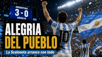 Portada sobre la goleada de Argentina 3-0 ante Argelia en el Mundial 2026, con la Scaloneta como alegría del pueblo.
