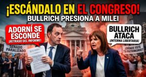 Miniatura de noticia sensacionalista que muestra un caos en el Congreso. Dos paneles divididos por un edificio del Congreso envuelto en humo rojo y naranja. A la izquierda, un Manuel Adorni preocupado y huyendo de la rendición de cuentas, con burbujas de texto: '¡ADORNÍ SE ESCONDE! ¡RETRASO DEL INFORME!' y un letrero de 'SENADO PARALIZADO' debajo. A la derecha, una Patricia Bullrich agresiva y gritando, con burbujas de texto: 'BULLRICH ATACA! ¡INTERNA LIBERTARIA!' y un letrero de '¿DÓNDE ESTÁ TU PATRIMONIO?' debajo. Título principal en la parte superior: '¡ESCÁNDALO EN EL CONGRESO! BULLRICH PRESIONA A MILEI'. Multitud de manifestantes en el fondo. Efecto de cámara lenta.