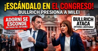 Miniatura de noticia sensacionalista que muestra un caos en el Congreso. Dos paneles divididos por un edificio del Congreso envuelto en humo rojo y naranja. A la izquierda, un Manuel Adorni preocupado y huyendo de la rendición de cuentas, con burbujas de texto: '¡ADORNÍ SE ESCONDE! ¡RETRASO DEL INFORME!' y un letrero de 'SENADO PARALIZADO' debajo. A la derecha, una Patricia Bullrich agresiva y gritando, con burbujas de texto: 'BULLRICH ATACA! ¡INTERNA LIBERTARIA!' y un letrero de '¿DÓNDE ESTÁ TU PATRIMONIO?' debajo. Título principal en la parte superior: '¡ESCÁNDALO EN EL CONGRESO! BULLRICH PRESIONA A MILEI'. Multitud de manifestantes en el fondo. Efecto de cámara lenta.